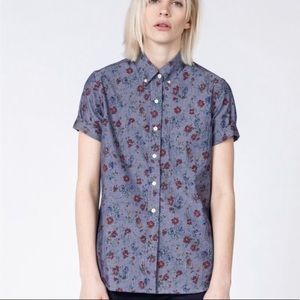 KARDO Exclusively For WILDFANG Floral Chambray Short Sleeve Button Down Shirt XL